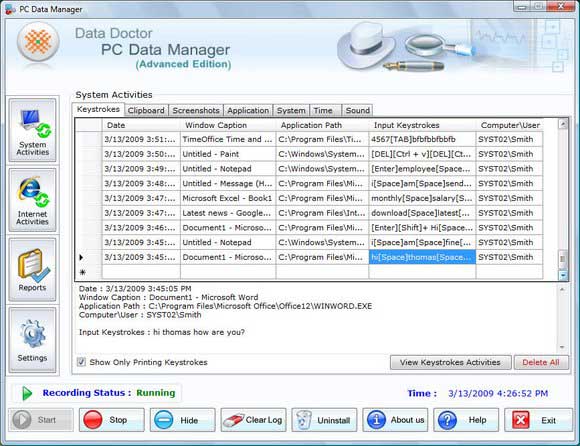 Screenshot of Home Keylogger Software